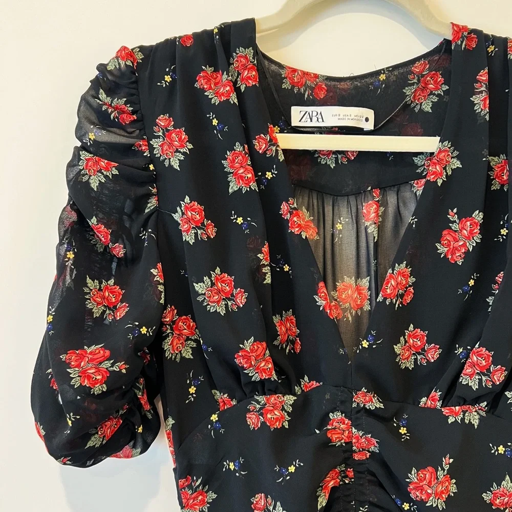 Zara Floral Ruched Mini Dress Mesh Ruffle Plunge V-Neck Puff Sleeve Black S - Picture 6 of 10